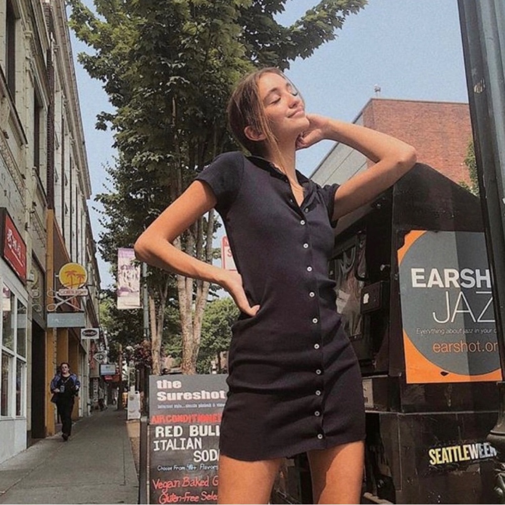 Brandy Melville Button Down Ribbed Dress Black